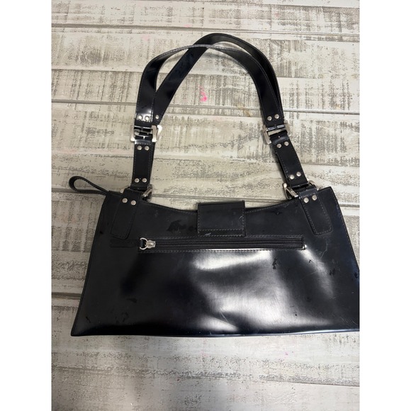 Guess Black Patent Leather Shoulder Bag Large G Logo Buckle Top Zip Closure - Picture 3 of 9